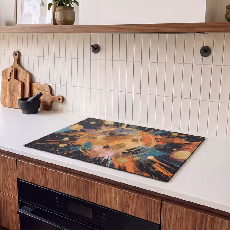 2-in-1 Herdabdeckplatte & Spritzschutz - Explosion - Farbtextur - Gold - Abstrakt - Explosie - Verfstructuur - Goud - Abstract Inductie beschemer met haakjes klein