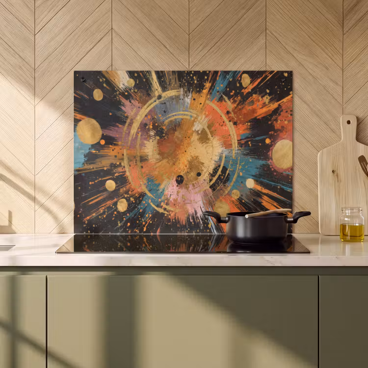 2-in-1 Herdabdeckplatte & Spritzschutz - Explosion - Farbtextur - Gold - Abstrakt - Explosie - Verfstructuur - Goud - Abstract Inductie beschemer met haakjes klein