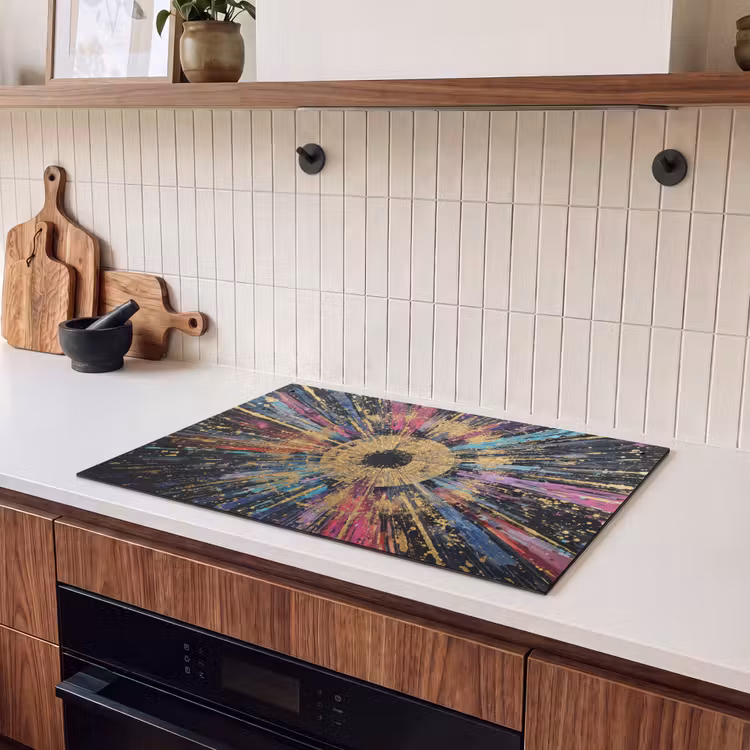 2-in-1 Herdabdeckplatte & Spritzschutz - Explosion - Gold - Bunt - Abstrakt - Explosie - Goud - Kleurrijk - Abstract Inductie beschemer met haakjes klein