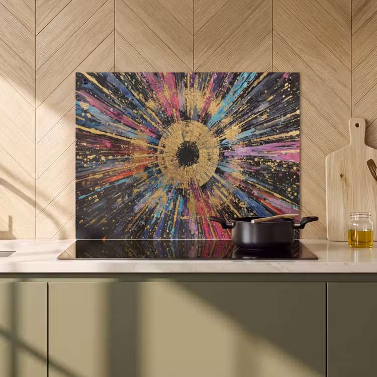 2-in-1 Herdabdeckplatte & Spritzschutz - Explosion - Gold - Bunt - Abstrakt - Explosie - Goud - Kleurrijk - Abstract Inductie beschemer met haakjes klein