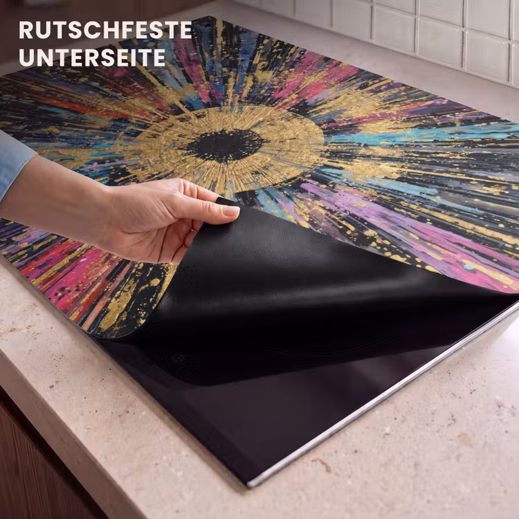 2-in-1 Herdabdeckplatte & Spritzschutz - Explosion - Gold - Bunt - Abstrakt - Explosie - Goud - Kleurrijk - Abstract Inductie beschemer met haakjes klein