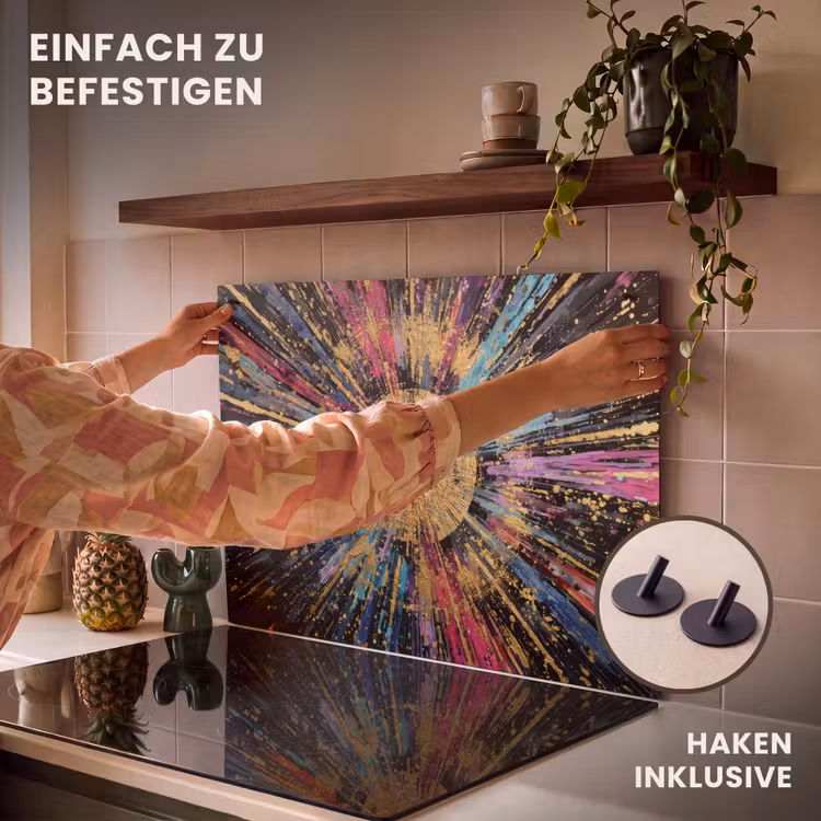 2-in-1 Herdabdeckplatte & Spritzschutz - Explosion - Gold - Bunt - Abstrakt - Explosie - Goud - Kleurrijk - Abstract Inductie beschemer met haakjes klein