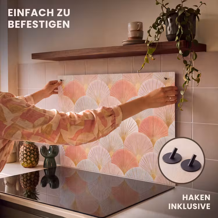 2-in-1 Herdabdeckplatte & Spritzschutz - Fächer - Gold - Rosa - Waaiers - Goud - Roze Inductie beschemer met haakjes klein 777