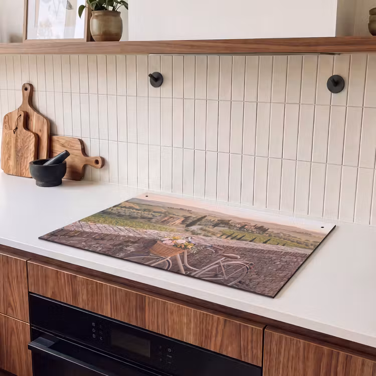 Fiets - Bloemen - Toscane - Landschap - Roze Inductie beschemer met haakjes klein -sfeer1