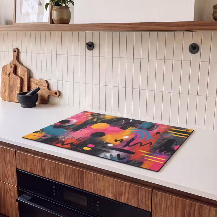 2-in-1 Herdabdeckplatte & Spritzschutz - Farbflächen - Formen - Bunt - Abstrakt - Kleurvlakken - Vormen - Kleurrijk - Abstract Inductie beschemer met haakjes klein