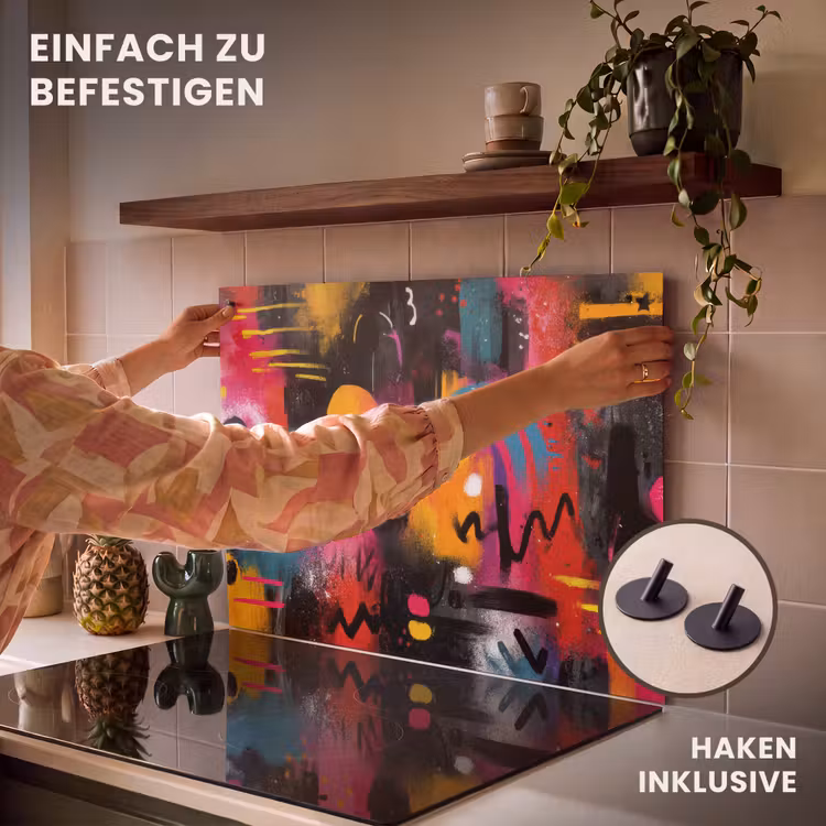 2-in-1 Herdabdeckplatte & Spritzschutz - Farbflächen - Formen - Bunt - Abstrakt - Kleurvlakken - Vormen - Kleurrijk - Abstract Inductie beschemer met haakjes klein