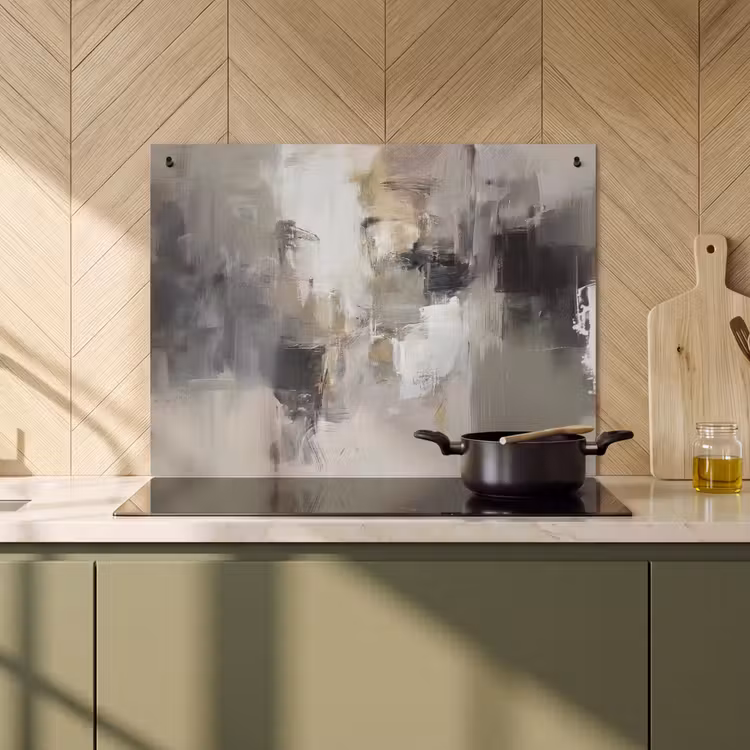2-in-1 Herdabdeckplatte & Spritzschutz - Farbpalette - Pinselstriche - Beige - Neblig - Kleurenpalet - Penseelstreken - Beige - Nevelig Inductie beschemer met haakjes klein