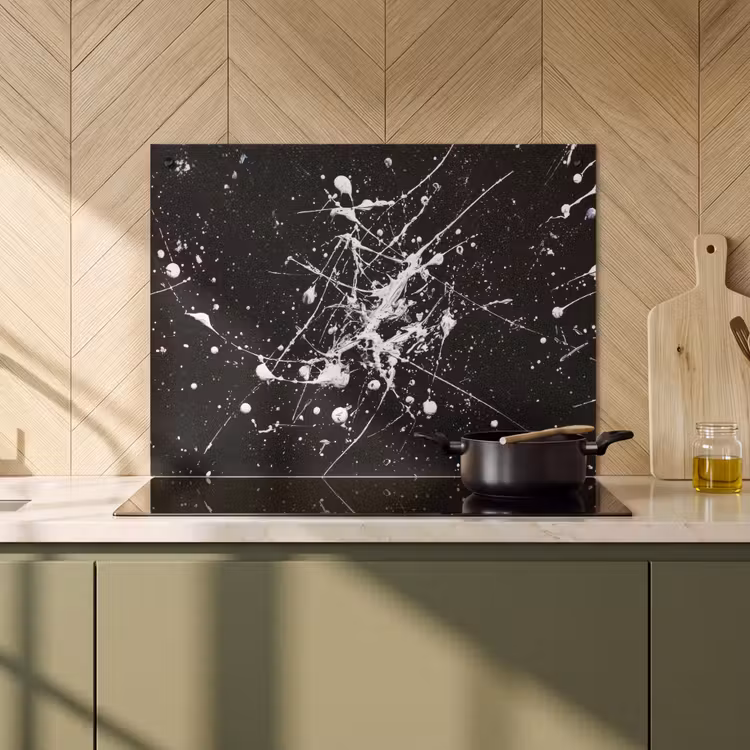 2-in-1 Herdabdeckplatte & Spritzschutz - Farbspritzer - Weiß - Abstrakt - Explosion - Verfspatten - Wit - Abstract - Explosie Inductie beschemer met haakjes klein