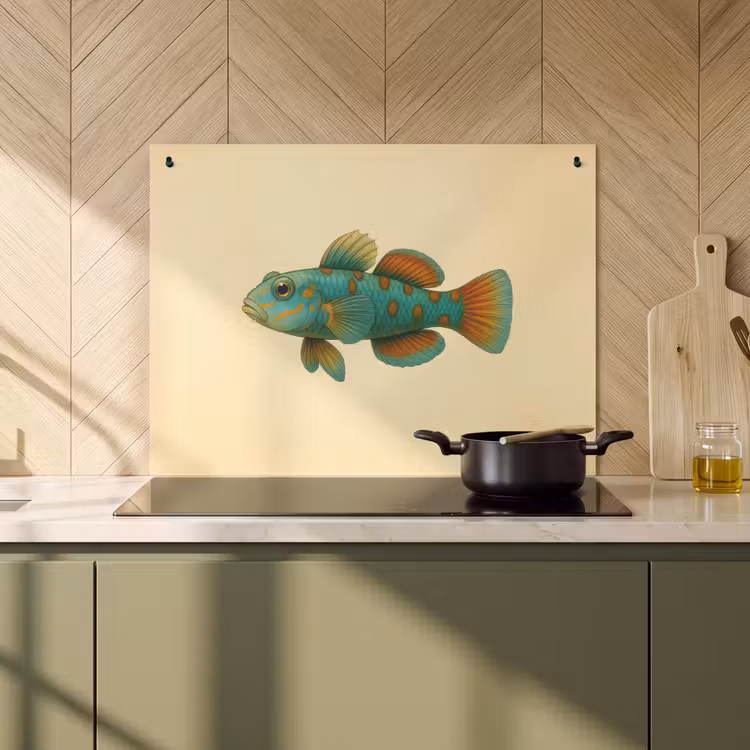 2-in-1 Herdabdeckplatte & Spritzschutz - Fisch - Blau - Tupfen - Schuppen - Vis - Blauw - Stippen - Schubben Inductie beschemer met haakjes klein