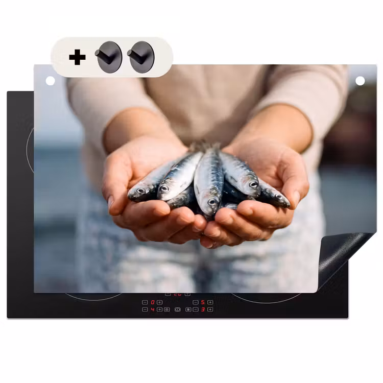 2-in-1 Herdabdeckplatte & Spritzschutz - Fisch – Hände – Natur - Vis - Handen - Natuur Inductie beschemer met haakjes klein
