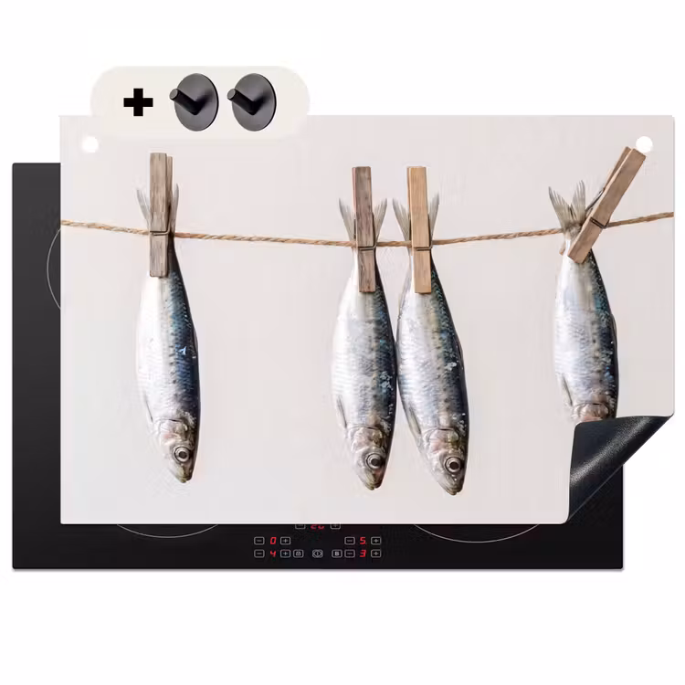 2-in-1 Herdabdeckplatte & Spritzschutz - Fisch – Hängend – Essen - Vis - Hangend - Eten Inductie beschemer met haakjes klein