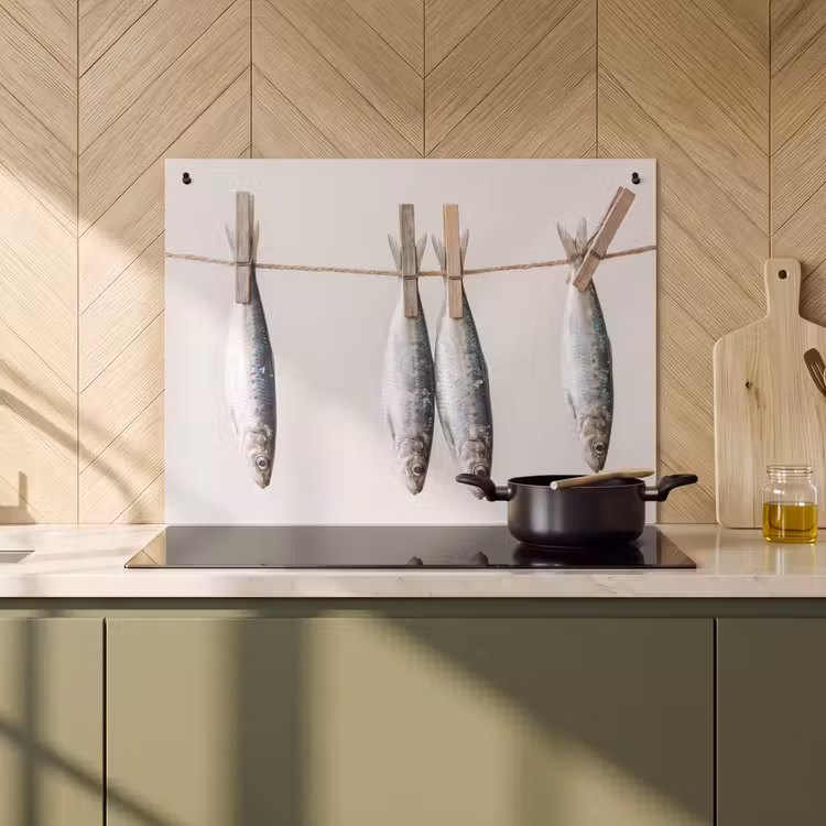 2-in-1 Herdabdeckplatte & Spritzschutz - Fisch – Hängend – Essen - Vis - Hangend - Eten Inductie beschemer met haakjes klein
