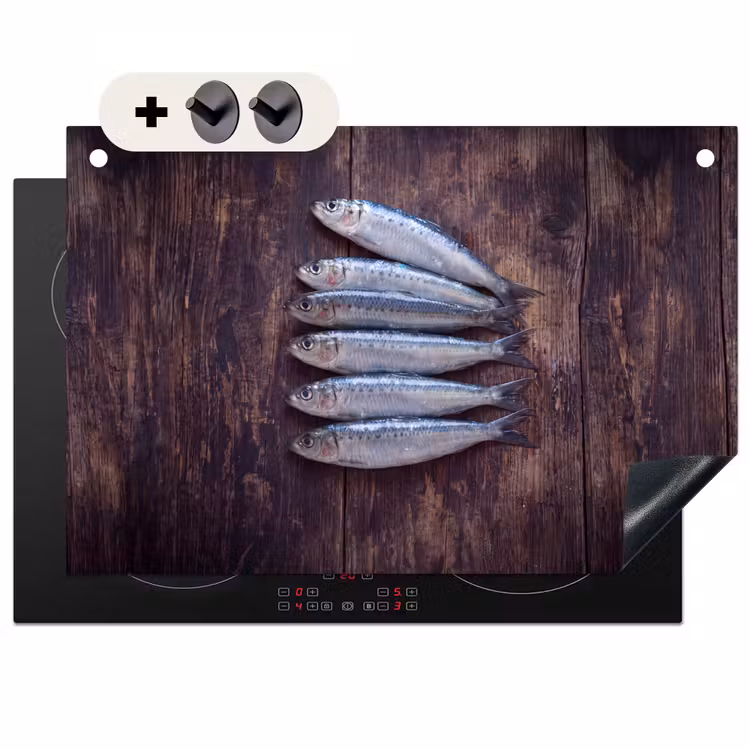 2-in-1 Herdabdeckplatte & Spritzschutz - Fisch – Holz – Essen - Vis - Hout - Eten Inductie beschemer met haakjes klein