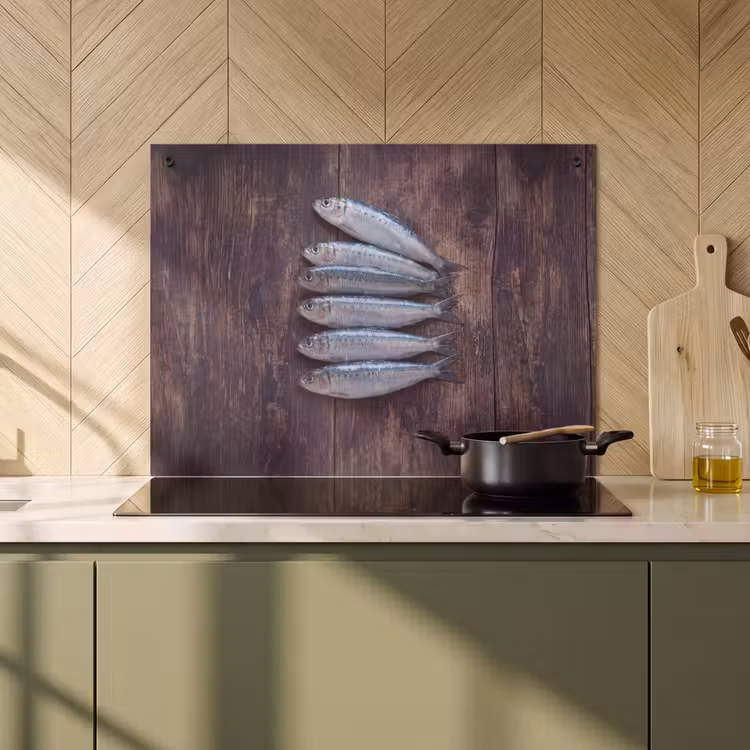 2-in-1 Herdabdeckplatte & Spritzschutz - Fisch – Holz – Essen - Vis - Hout - Eten Inductie beschemer met haakjes klein