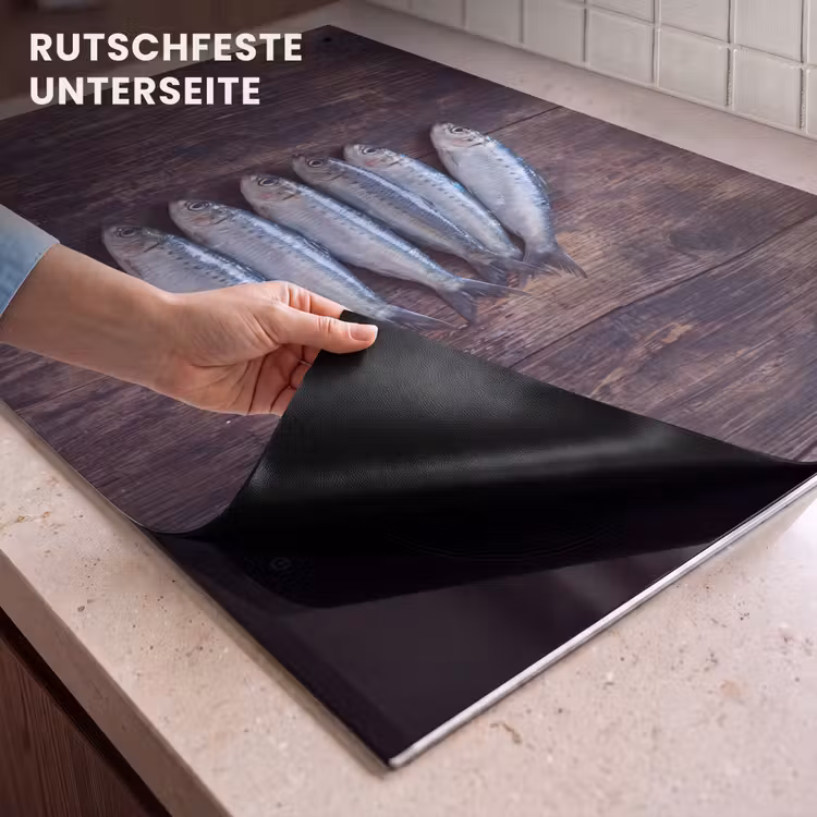 2-in-1 Herdabdeckplatte & Spritzschutz - Fisch – Holz – Essen - Vis - Hout - Eten Inductie beschemer met haakjes klein