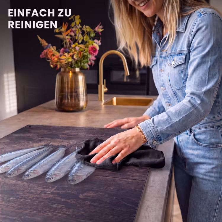 2-in-1 Herdabdeckplatte & Spritzschutz - Fisch – Holz – Essen - Vis - Hout - Eten Inductie beschemer met haakjes klein