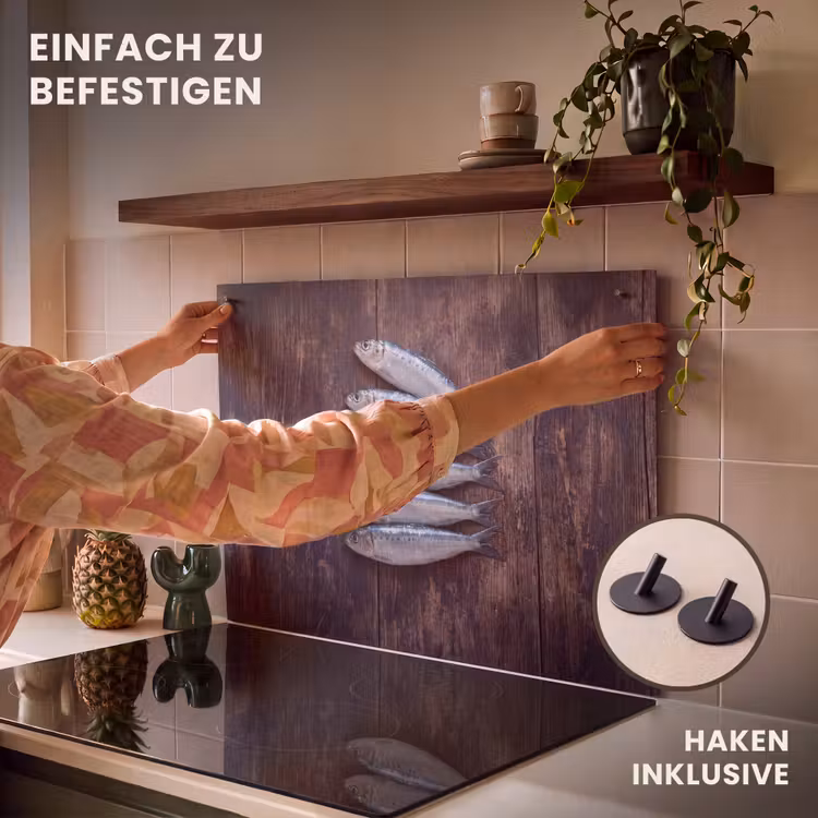 2-in-1 Herdabdeckplatte & Spritzschutz - Fisch – Holz – Essen - Vis - Hout - Eten Inductie beschemer met haakjes klein