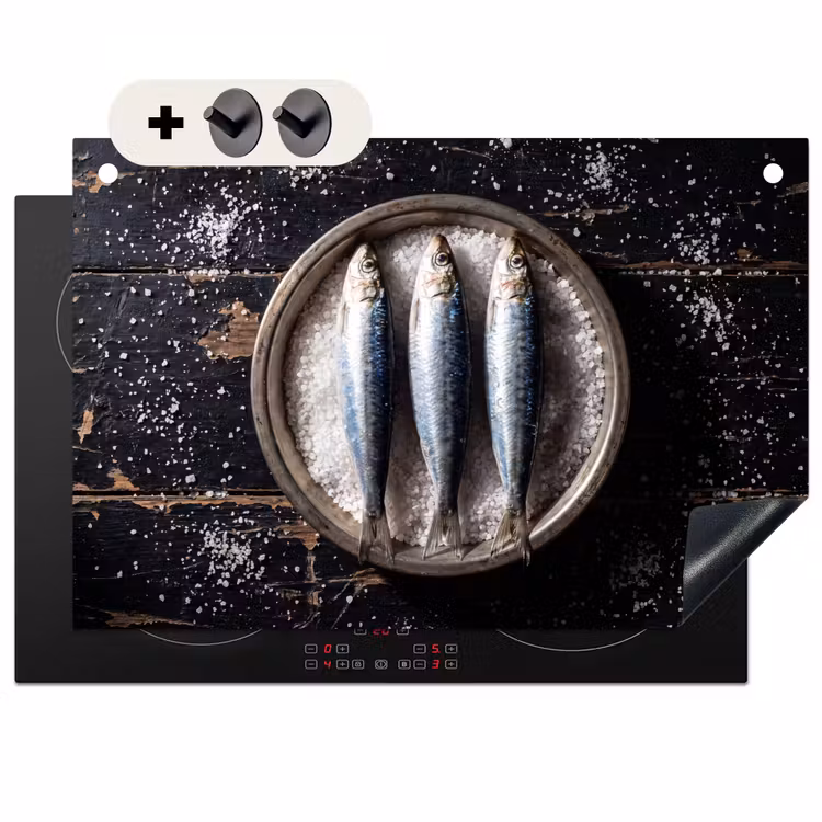 2-in-1 Herdabdeckplatte & Spritzschutz - Fisch – Salz – Essen - Vis - Zout - Eten Inductie beschemer met haakjes klein