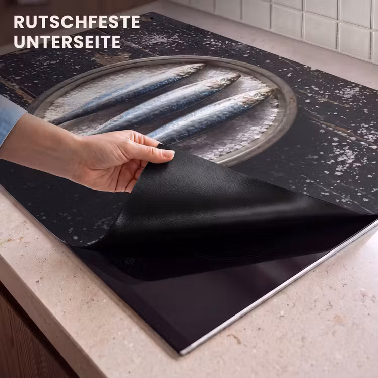 2-in-1 Herdabdeckplatte & Spritzschutz - Fisch – Salz – Essen - Vis - Zout - Eten Inductie beschemer met haakjes klein
