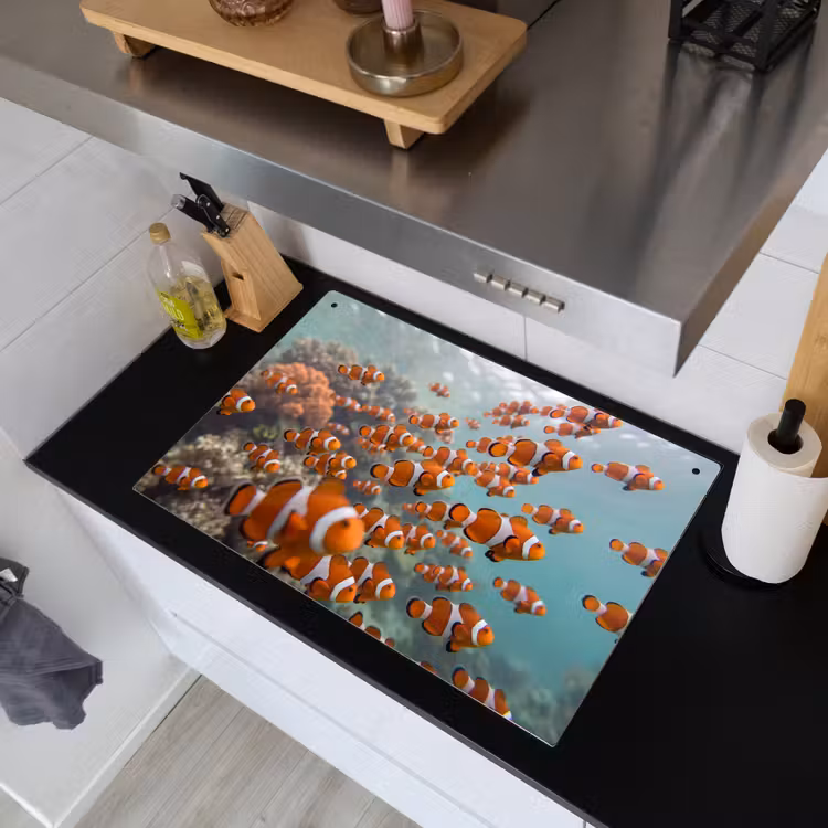 Vis - School - Onderwater - Dieren - Oranje Inductie beschemer met haakjes klein -sfeer1