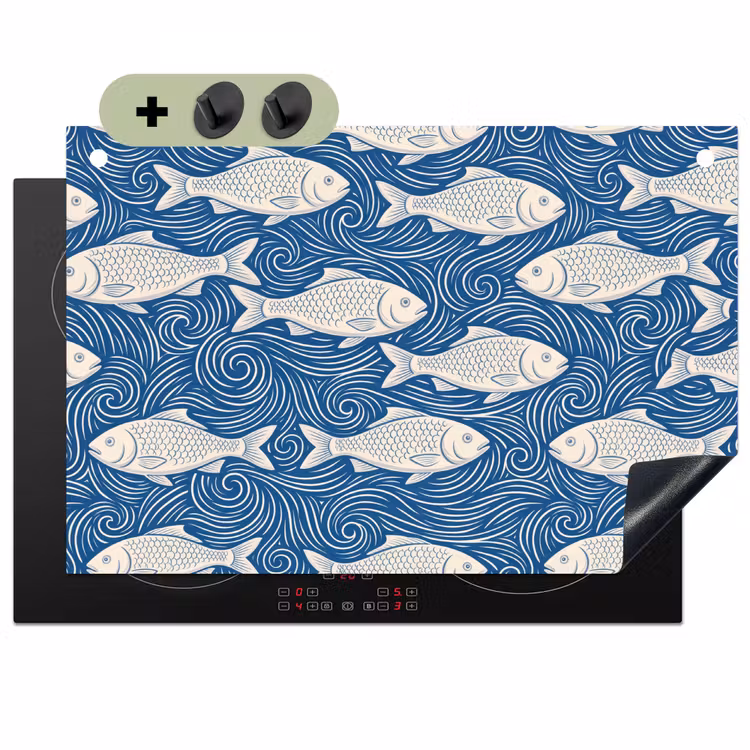 Vis - Water - Patroon - Grafisch - Blauw Inductie beschemer met haakjes klein -3d