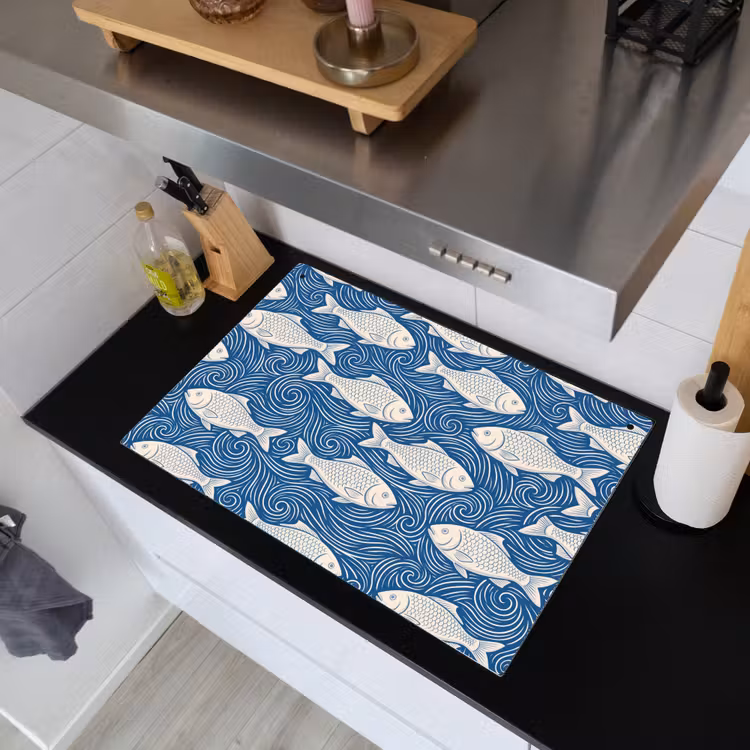Vis - Water - Patroon - Grafisch - Blauw Inductie beschemer met haakjes klein -sfeer1