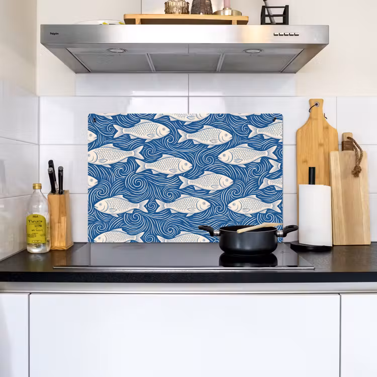 Vis - Water - Patroon - Grafisch - Blauw Inductie beschemer met haakjes klein -sfeer2