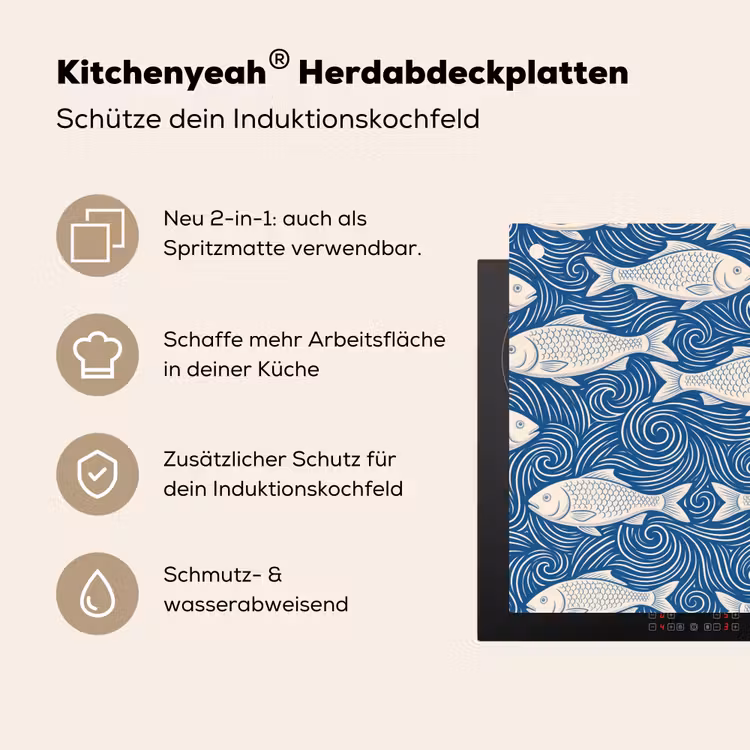 Vis - Water - Patroon - Grafisch - Blauw Inductie beschemer met haakjes klein -ky-usp-de