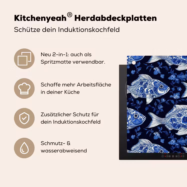 Vissen - Bloemen - Blauw Inductie beschemer met haakjes klein 777 -ky-usp-de