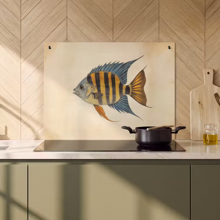 2-in-1 Herdabdeckplatte & Spritzschutz - Fische - Tropisch - Streifen - Flossen - Vis - Tropisch - Strepen - Vinnen Inductie beschemer met haakjes klein