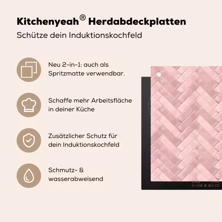 Visgraat - Wandtegel - Lichtroze Inductie beschemer met haakjes klein 777 -ky-usp-de