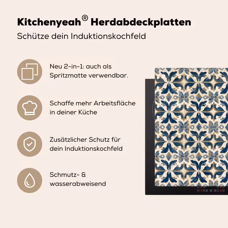 Tegel - Patroon - Blauw - Beige Inductie beschemer met haakjes klein 777 -ky-usp-de