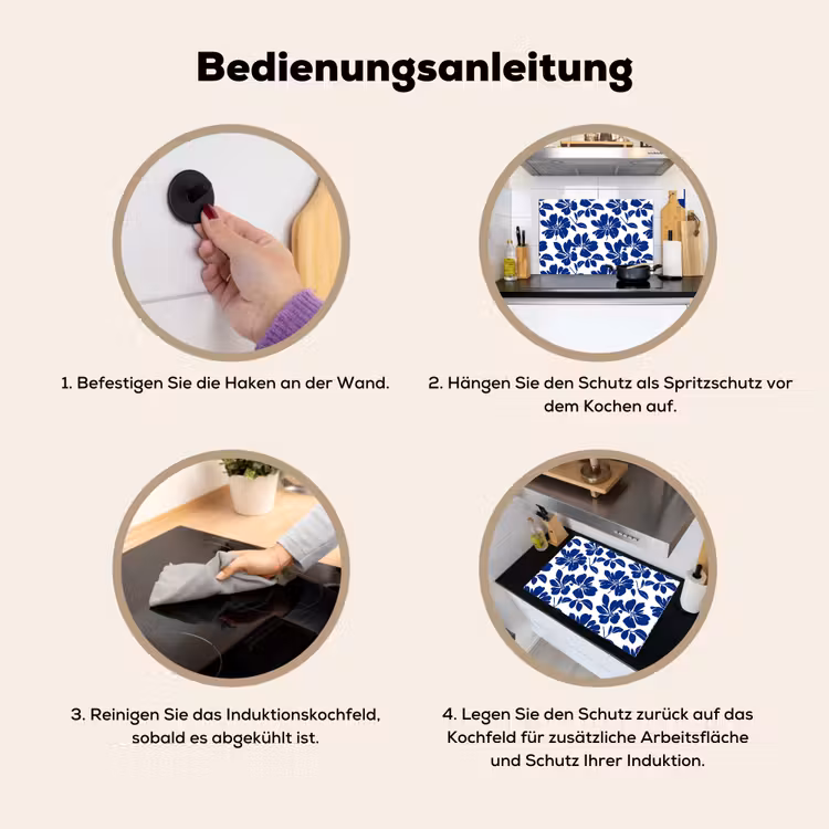 Floraal - Modern - Blauw Inductie beschemer met haakjes klein 777 -ky-gebruik-de