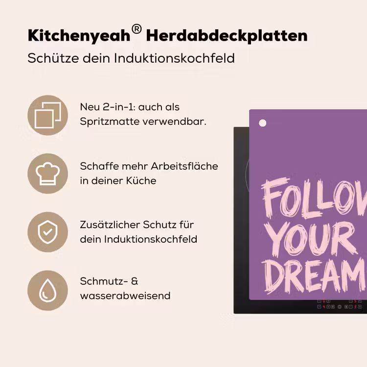 Follow your dreams - Paars - Penseeltextuur Inductie beschemer met haakjes klein -ky-usp-de