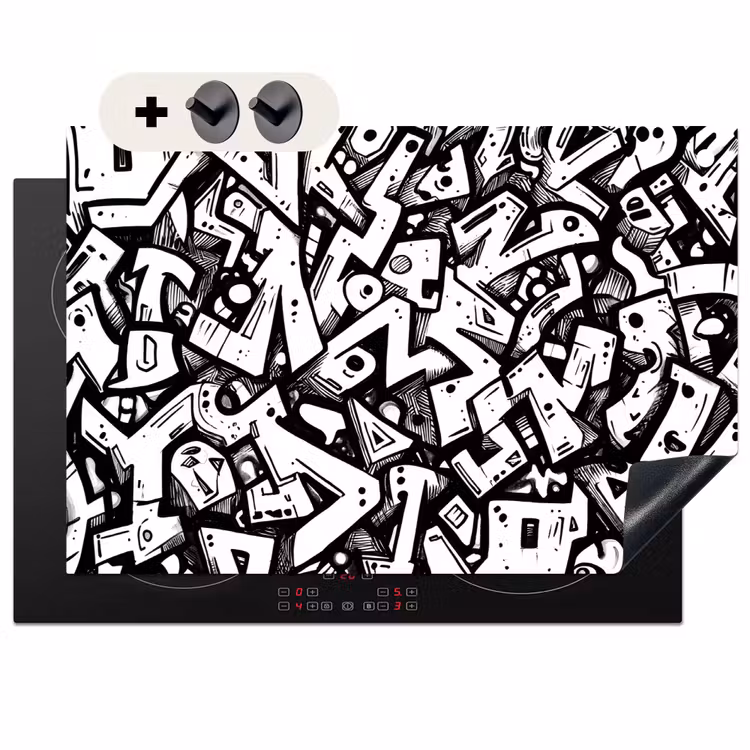2-in-1 Herdabdeckplatte & Spritzschutz - Formen - Buchstaben - Graffiti - Schwarz - Vormen - Letters - Graffiti - Zwart Inductie beschemer met haakjes klein