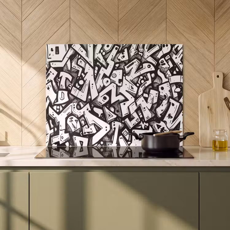 2-in-1 Herdabdeckplatte & Spritzschutz - Formen - Buchstaben - Graffiti - Schwarz - Vormen - Letters - Graffiti - Zwart Inductie beschemer met haakjes klein
