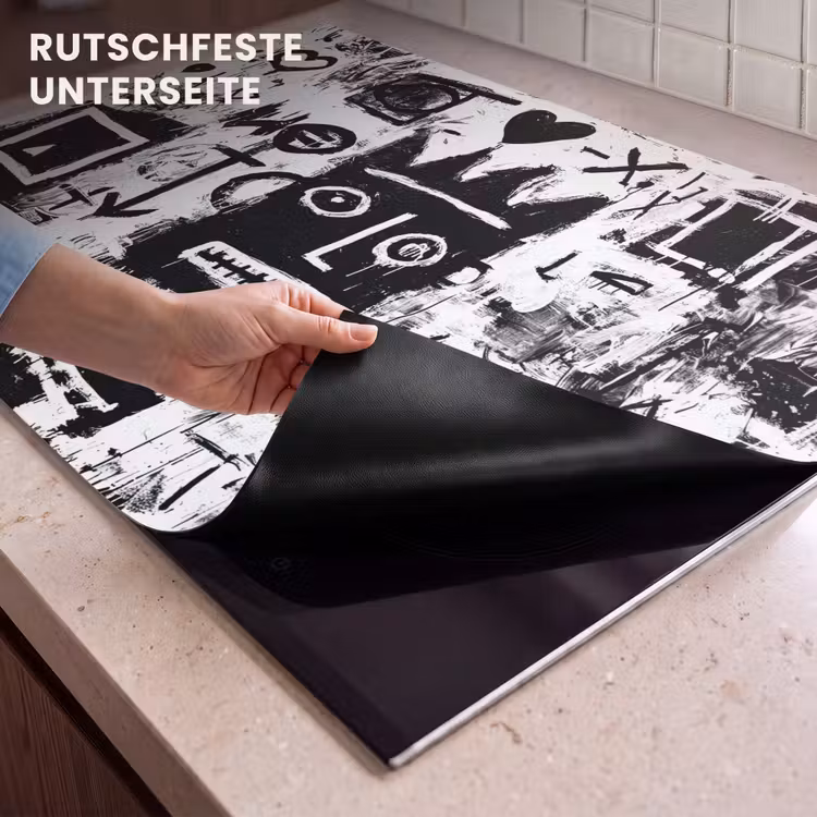2-in-1 Herdabdeckplatte & Spritzschutz - Formen - Gesucht - Schwarz - Abstrakt - Vormen - Gezocht - Zwart - Abstract Inductie beschemer met haakjes klein
