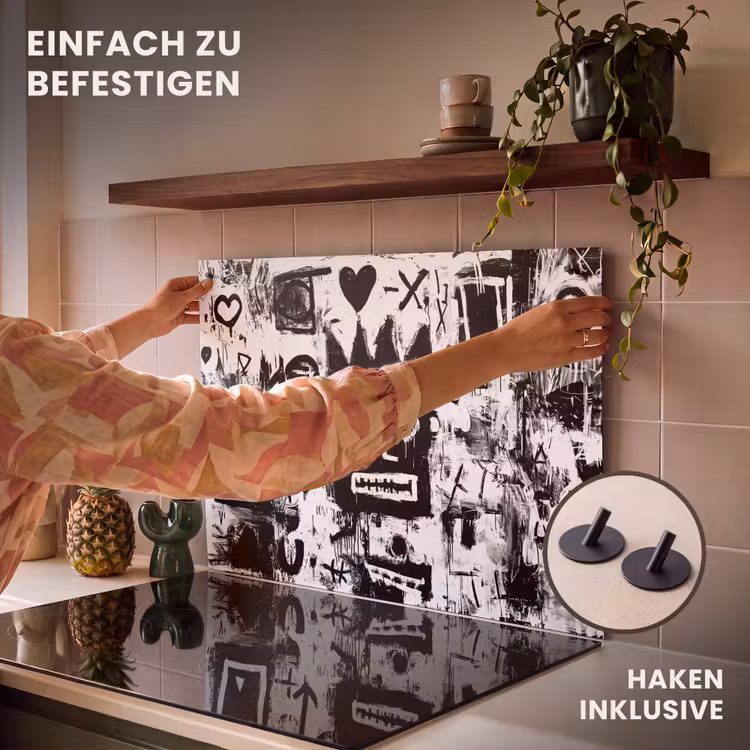 2-in-1 Herdabdeckplatte & Spritzschutz - Formen - Gesucht - Schwarz - Abstrakt - Vormen - Gezocht - Zwart - Abstract Inductie beschemer met haakjes klein
