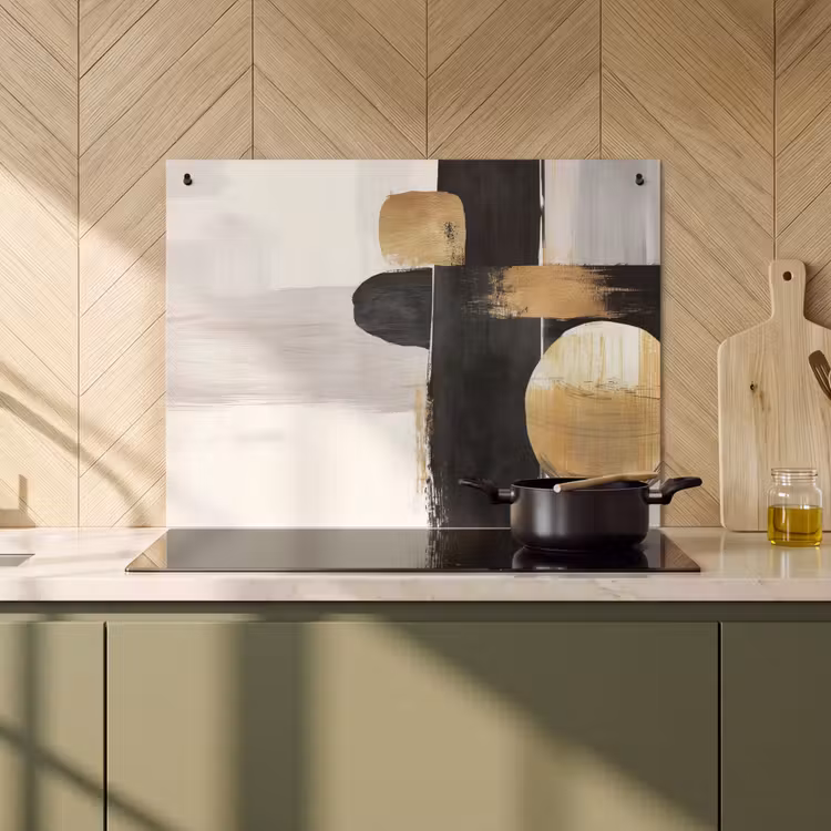 2-in-1 Herdabdeckplatte & Spritzschutz - Formen - Pinselstriche - Abstrakt - Gold - Vormen - Penseelstreken - Abstract - Goud Inductie beschemer met haakjes klein