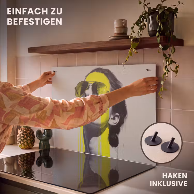 2-in-1 Herdabdeckplatte & Spritzschutz - Frau - Brille - Farbe - Vrouw - Bril - Verf Inductie beschemer met haakjes klein