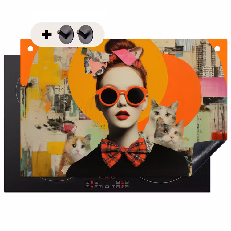 2-in-1 Herdabdeckplatte & Spritzschutz - Frau - Brille - Fliege - Retro - Vrouw - Bril - Strik - Retro Inductie beschemer met haakjes klein
