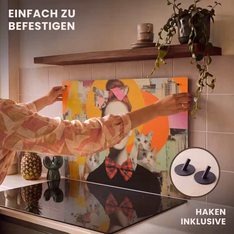 2-in-1 Herdabdeckplatte & Spritzschutz - Frau - Brille - Fliege - Retro - Vrouw - Bril - Strik - Retro Inductie beschemer met haakjes klein