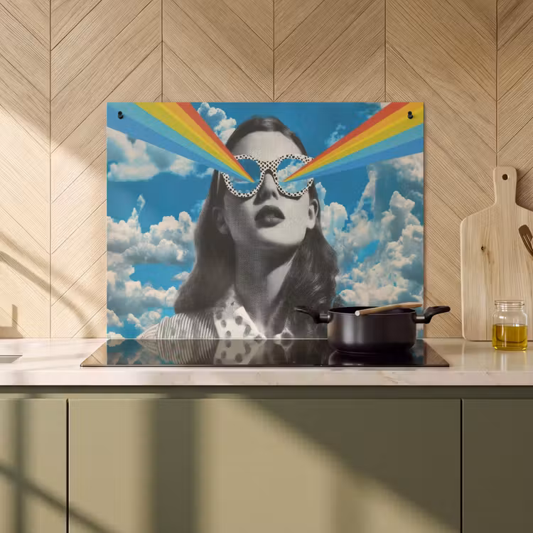 2-in-1 Herdabdeckplatte & Spritzschutz - Frau - Brille - Regenbogen - Wolken - Vrouw - Bril - Regenboog - Wolken Inductie beschemer met haakjes klein