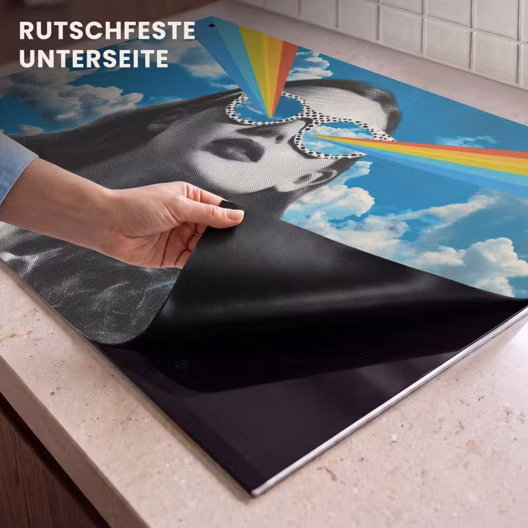 2-in-1 Herdabdeckplatte & Spritzschutz - Frau - Brille - Regenbogen - Wolken - Vrouw - Bril - Regenboog - Wolken Inductie beschemer met haakjes klein