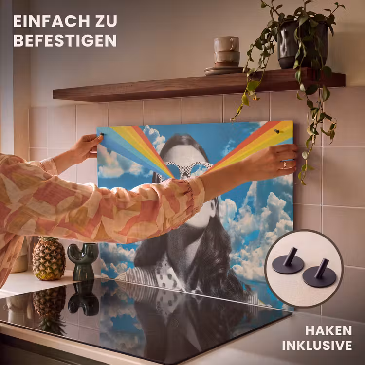 2-in-1 Herdabdeckplatte & Spritzschutz - Frau - Brille - Regenbogen - Wolken - Vrouw - Bril - Regenboog - Wolken Inductie beschemer met haakjes klein