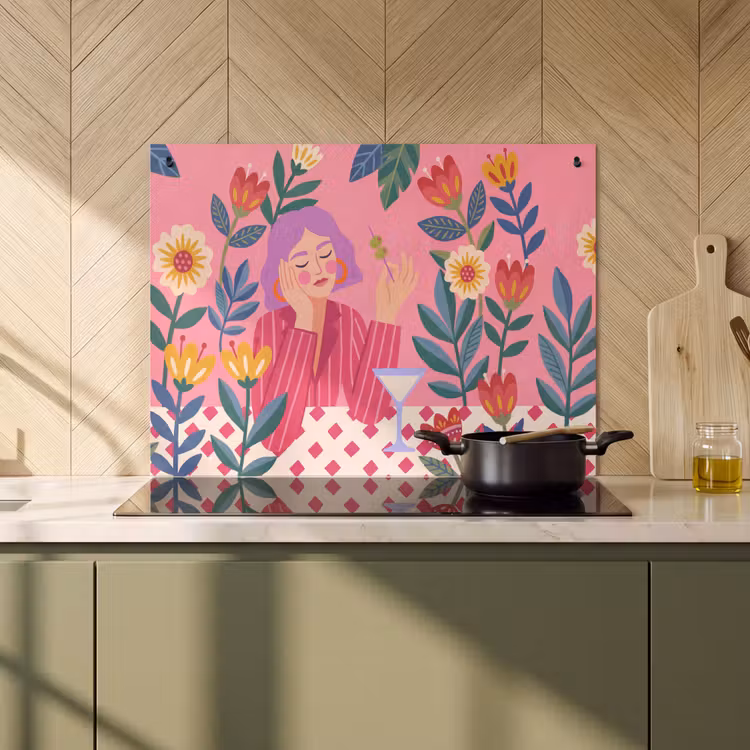 Vrouw - Cocktail - Bloemen - Modern - Roze Inductie beschemer met haakjes klein -sfeer2