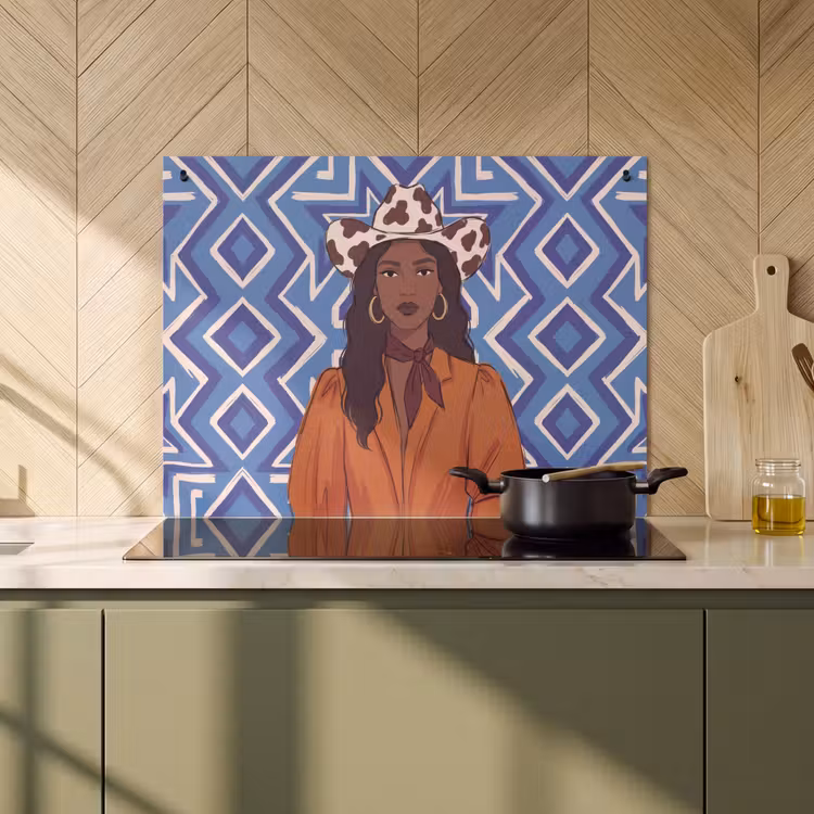 Vrouw - Cowboyhoed - Portret - Modern - Blauw Inductie beschemer met haakjes klein -sfeer2