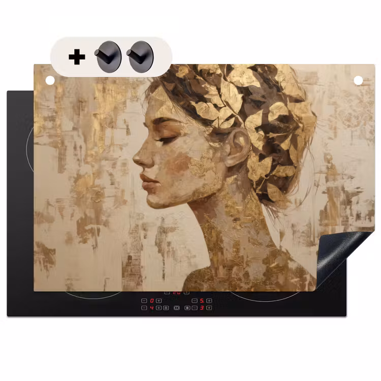 2-in-1 Herdabdeckplatte & Spritzschutz - Frau - Gold - Abstrakt - Textur - Vrouw - Goud - Abstract - Textuur Inductie beschemer met haakjes klein