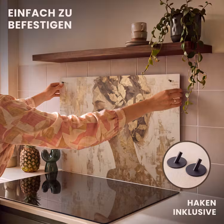 2-in-1 Herdabdeckplatte & Spritzschutz - Frau - Gold - Abstrakt - Textur - Vrouw - Goud - Abstract - Textuur Inductie beschemer met haakjes klein