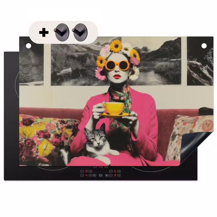 2-in-1 Herdabdeckplatte & Spritzschutz - Frau - Katze - Blumen - Tasse - Retro - Vrouw - Kat - Bloemen - Kopje - Retro Inductie beschemer met haakjes klein